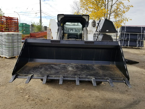 80" skid steer digging bucket with removable teeth
Heavy-duty bucket on job site with loader
Front view of 84-inch skid steer bucket
Skid steer digging into dirt with steel bucket
Wear strips and teeth close-up for material handling