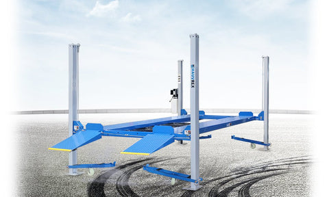 Blue portable 4-post car hoist in garage
Drive-on ramp and runway surface
Close-up of power unit and lift columns
Vehicle elevated on blue car lift
Heavy-duty safety locks and cable system