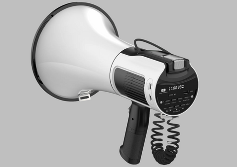 80W white Bluetooth megaphone with shoulder strap
Megaphone PA speaker with USB and SD card ports
Rechargeable handheld megaphone with built-in mic
Megaphone in outdoor sports setting
Megaphone speaker kit with accessories included