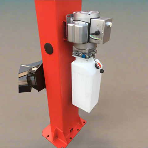 Red 2-post car hoist installed in garage
Close-up of safety lock and lift arms
Base of the lift showing manual release system
Top bar and symmetrical arm configuration