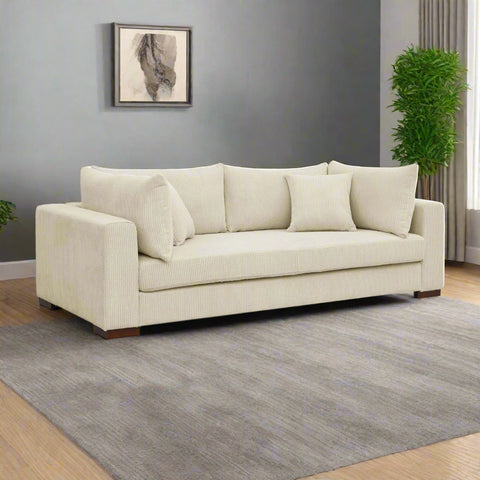89.5” Square Arm Couch – Modern Living Room Setup
3-Seater Sofa with Toss Pillows – Front View
Upholstered Contemporary Sofa – Side Angle
Soft Plush Back Cushions – Detail Close-Up
Modern Beige Fabric Sofa – Apartment Living Room