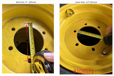 “8x15 JD Yellow AG Rim with 6 bolt holes”
“Heavy-duty tractor implement rim in Off-White”
“Tractor wheel rim compatible with 11L-15 and 9.5L-15 tires”
“Side angle view of farm equipment 8-bolt rim”
“Steel agricultural rim in John Deere yellow”