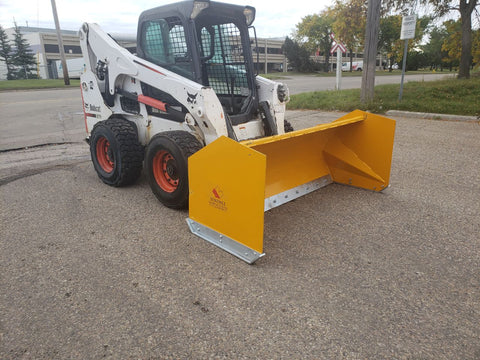 Bendall skid steer snow pusher attached to loader
Yellow snow box blade for skid steer
Heavy-duty snow bucket blade in winter setting
96-inch Bendall box blade in commercial snow use
Rear angle of Bendall snow blade showing mold board