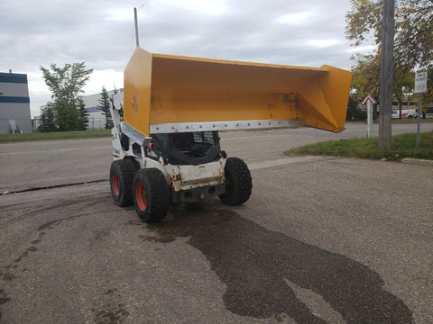Bendall skid steer snow pusher attached to loader
Yellow snow box blade for skid steer
Heavy-duty snow bucket blade in winter setting
96-inch Bendall box blade in commercial snow use
Rear angle of Bendall snow blade showing mold board