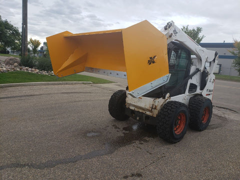Bendall skid steer snow pusher attached to loader
Yellow snow box blade for skid steer
Heavy-duty snow bucket blade in winter setting
96-inch Bendall box blade in commercial snow use
Rear angle of Bendall snow blade showing mold board
