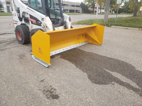 Bendall skid steer snow pusher attached to loader
Yellow snow box blade for skid steer
Heavy-duty snow bucket blade in winter setting
96-inch Bendall box blade in commercial snow use
Rear angle of Bendall snow blade showing mold board