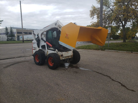Bendall skid steer snow pusher attached to loader
Yellow snow box blade for skid steer
Heavy-duty snow bucket blade in winter setting
96-inch Bendall box blade in commercial snow use
Rear angle of Bendall snow blade showing mold board
