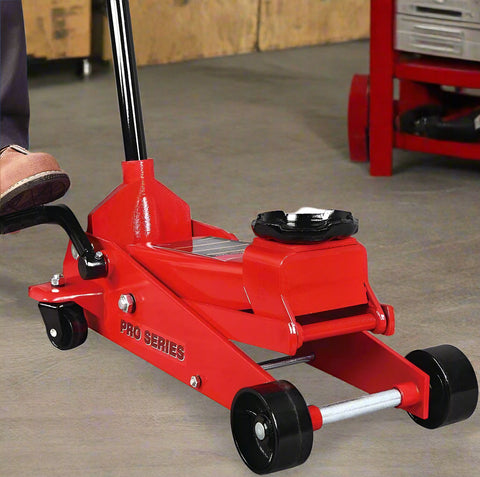 Big Red Steel Floor Jack – 2 Ton Hydraulic Lift Tool
Low Profile Red Garage Jack – Model T83502
Hydraulic Car Jack with Pedal and Casters
Heavy-Duty Vehicle Jack – Wide Base Support
Close-Up of Floor Jack Casters and Lifting Arm