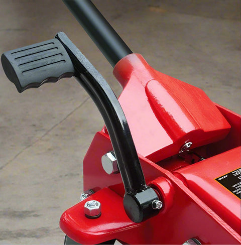 Big Red Steel Floor Jack – 2 Ton Hydraulic Lift Tool
Low Profile Red Garage Jack – Model T83502
Hydraulic Car Jack with Pedal and Casters
Heavy-Duty Vehicle Jack – Wide Base Support
Close-Up of Floor Jack Casters and Lifting Arm