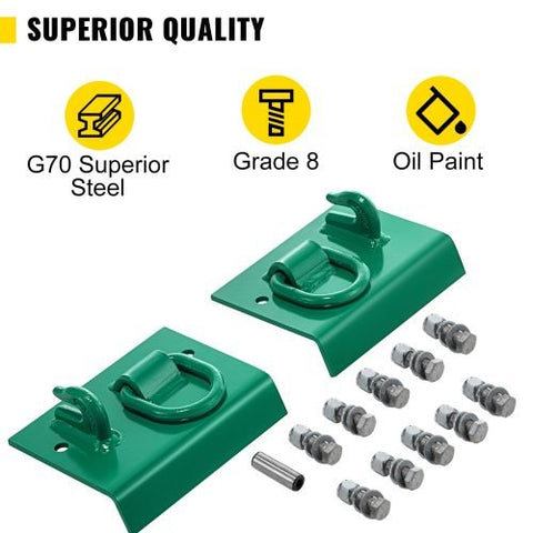 Green tractor bucket tie-down plate with grab hooks and D-rings
Kit mounted on loader bucket
All hardware included in tie-down kit
Yellow version of the tie-down plate
Product with tools and bolts laid out