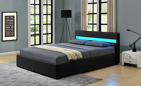 Bonded Leather Gas Lift LED Bed Frame with Remote Lighting and Storage Ottoman – Twin to King Sizes in Black or White
