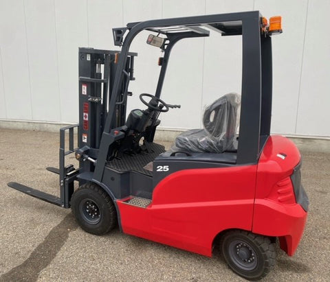 CanLift 5,500 lb electric forklift front side view
Side profile of electric forklift with red cabin
CanLift warehouse forklift with 4-foot lift
Battery-powered forklift in industrial setting
Forklift with cabin and side shift attachment
