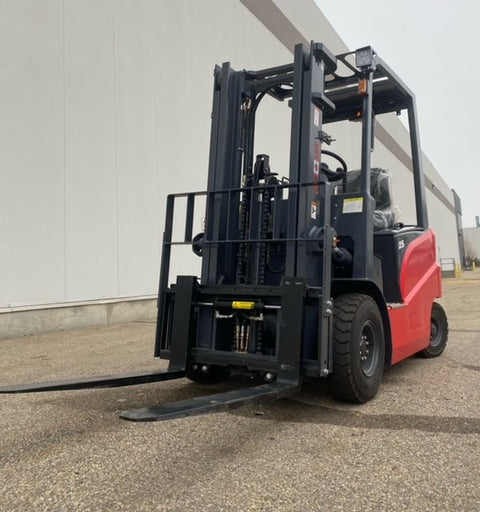 CanLift 5,500 lb electric forklift front side view
Side profile of electric forklift with red cabin
CanLift warehouse forklift with 4-foot lift
Battery-powered forklift in industrial setting
Forklift with cabin and side shift attachment