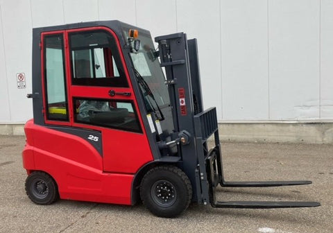 CanLift 5,500 lb electric forklift front side view
Side profile of electric forklift with red cabin
CanLift warehouse forklift with 4-foot lift
Battery-powered forklift in industrial setting
Forklift with cabin and side shift attachment