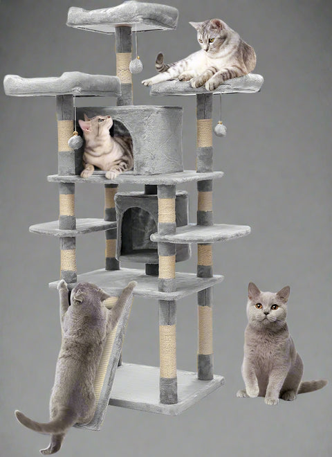 67-inch tall multi-level cat tree tower in gray
Cat tree with ladder, scratching posts, and top perches
Indoor cat condo tower for multiple cats
