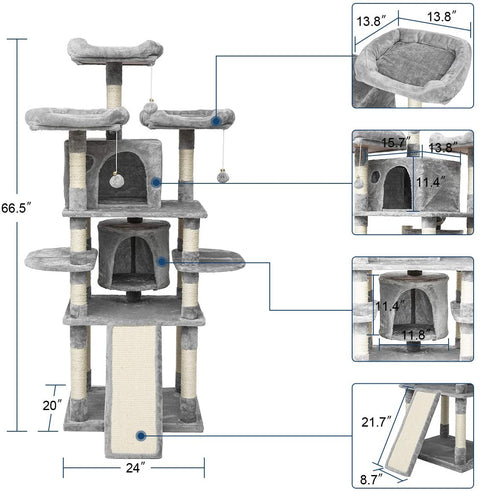 67-inch tall multi-level cat tree tower in gray
Cat tree with ladder, scratching posts, and top perches
Indoor cat condo tower for multiple cats