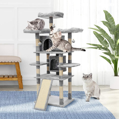67-inch tall multi-level cat tree tower in gray
Cat tree with ladder, scratching posts, and top perches
Indoor cat condo tower for multiple cats