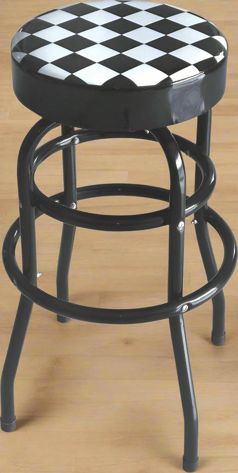 Checkered Swivel Bar & Shop Stool – Retro Red and Black Backless Stool with Round Seat and Twin Ring Base