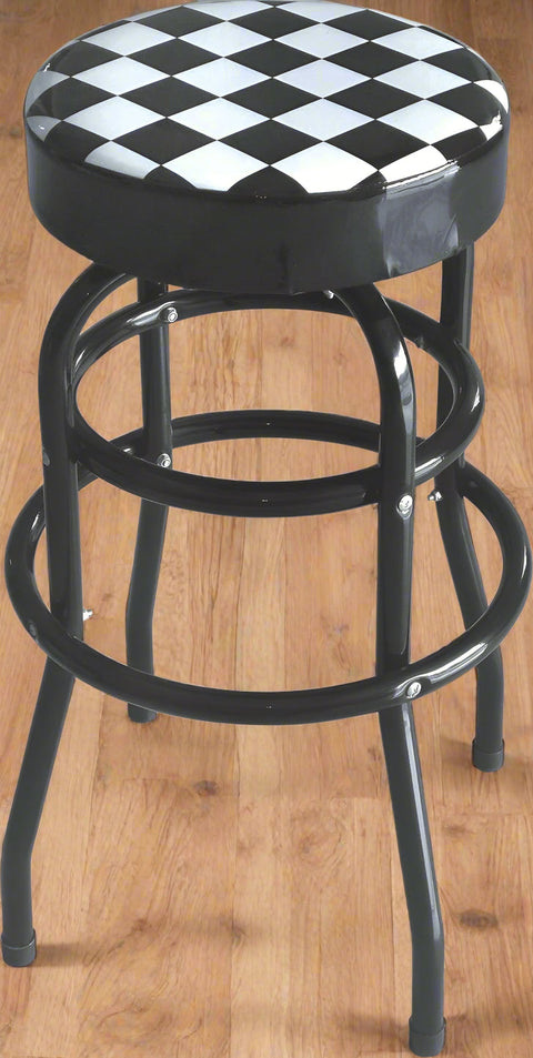 Checkered Swivel Bar & Shop Stool – Retro Red and Black Backless Stool with Round Seat and Twin Ring Base