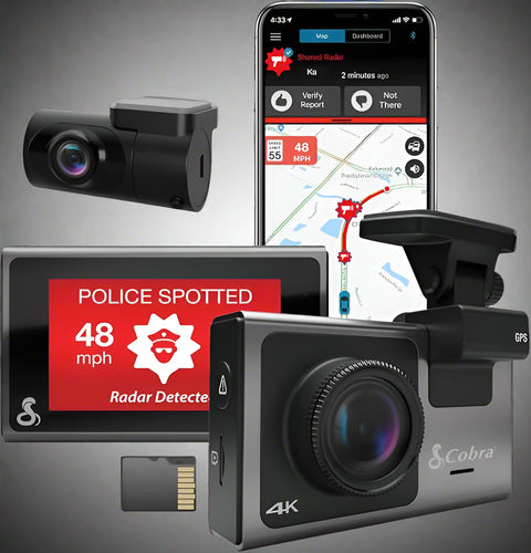 Cobra SC 400D dash cam front and rear view camera system
Cobra SC 400D product packaging with included accessories
Close-up of the 3” OLED touchscreen display
Rear camera module mounted on windshield