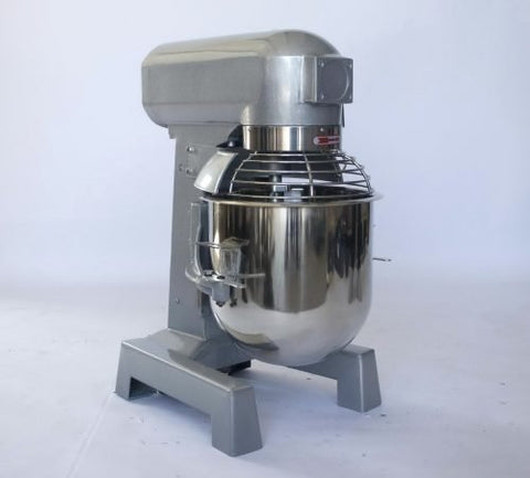 15 QT commercial dough mixer on stainless steel counter
Stainless steel mixing bowl with guard closed
Front view of food-grade commercial mixer with attachments
Dough hook installed on industrial kitchen mixer
