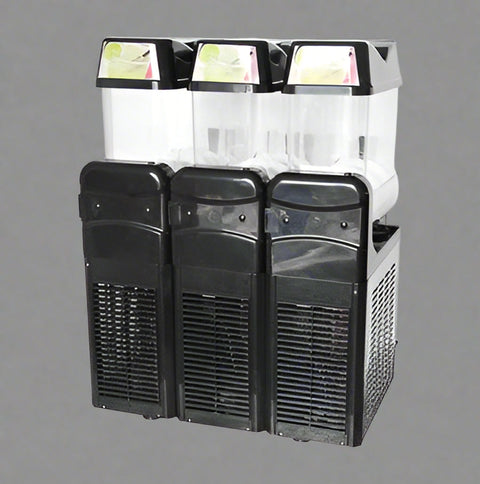 • “Triple tank commercial slush drink machine – 36L capacity”
• “Frozen drink dispenser with LED top lighting”
• “Side view of commercial slush machine in stainless steel finish”
• “24L double tank slush drink machine for bars and cafés”
• “Embraco-powered commercial frozen drink machine”