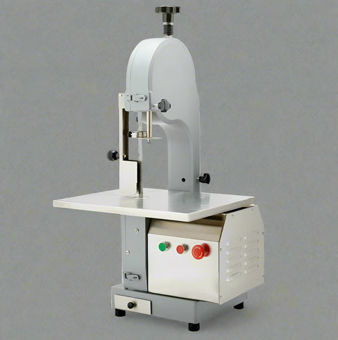 Main view of stainless steel meat and bone cutting saw machine
Compact commercial meat saw for kitchen or butcher use
Electric bone saw with sliding tray and safety guard
Replacement blade for commercial bone saw machine
Close-up of saw handle and stainless construction