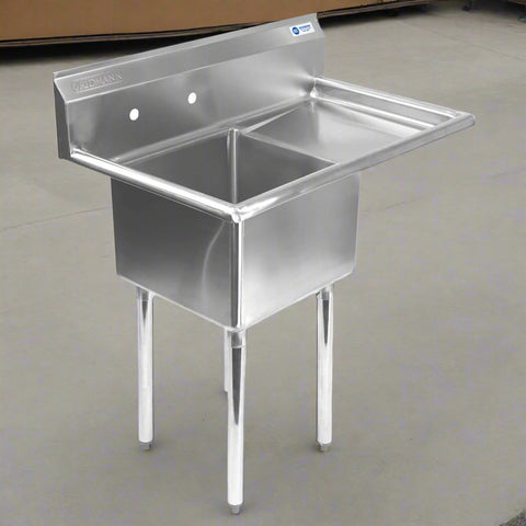 Front view of 39" commercial stainless steel sink
Stainless steel sink with drainboard (right side model)
Utility sink for restaurant or commercial use