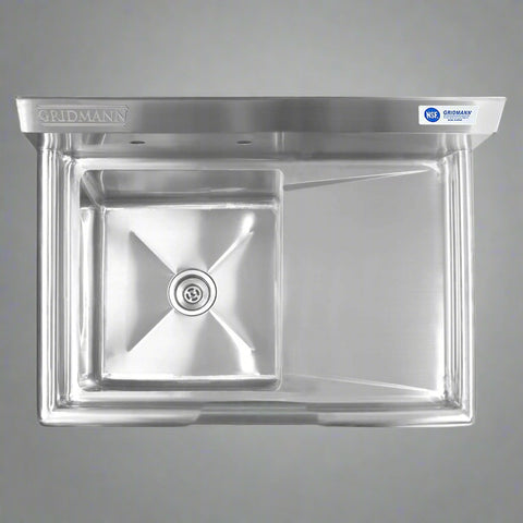 Front view of 39" commercial stainless steel sink
Stainless steel sink with drainboard (right side model)
Utility sink for restaurant or commercial use