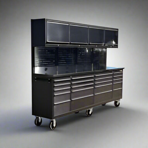 NEW DELUXE 8 FT BLACK STAINLESS STEEL TOOL BENCH & CABINET GTX2422BSS - with | Sold by Uncle Wiener's Wholesale