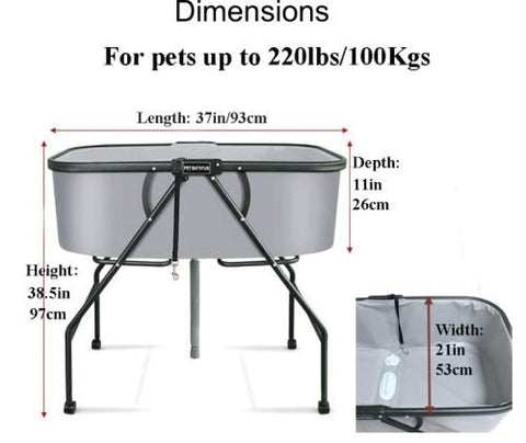 Detachable Folding Dog Bath – 200 lbs Capacity – Front View
Portable Elevated Dog Bath with Gray Basin
Foldable Dog Washing Station with Drain Hose
Side View of Folding Pet Tub for Grooming
Easy-to-Clean Dog Bath for Indoor/Outdoor Use