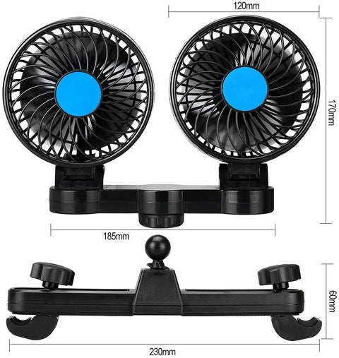 Adjustable dual head vehicle fan mounted for backseat air circulation with 360-degree rotation