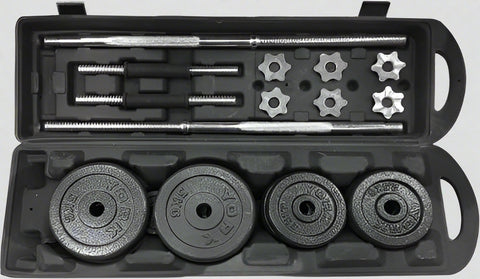 110 lb adjustable dumbbell and barbell set with plastic storage box
Spinlock dumbbell and barbell kit for home gym strength training
Full dumbbell and barbell setup with weight plates and connector bar
Home gym weight set with interchangeable dumbbell and barbell configuration