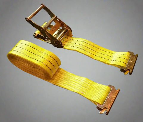 E-track yellow ratchet strap with metal hooks
10-pack bundle of E-track cargo tie-down straps
Close-up of E-track hook fittings and ratchet mechanism