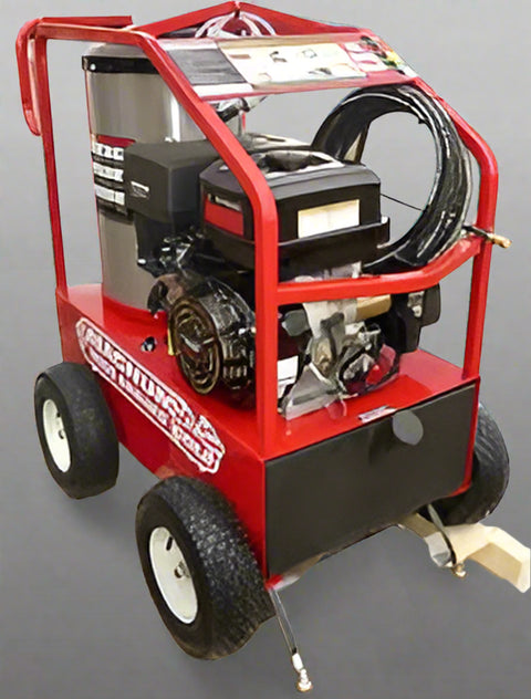 Easy-Kleen 4000 PSI hot water pressure washer – front view
Heavy-duty gas engine pressure washer with wheels
Industrial-grade red steel frame washer with control panel
Portable hot water pressure washer for outdoor use
Easy-Kleen 15HP pressure washer for commercial cleaning
