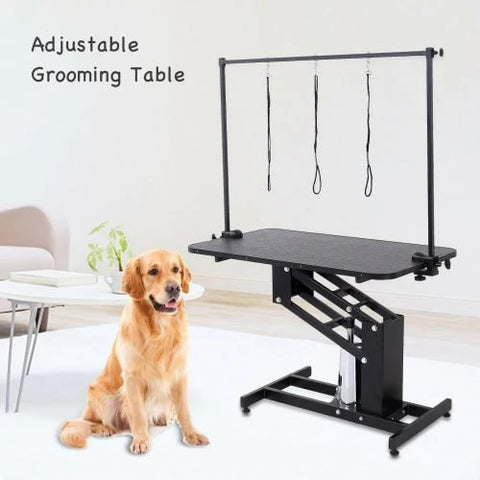 Electric Hydraulic Pet Grooming Table with Dog β Front View
Grooming Table with Adjustable Arm and Dog β Side View
Electric Lift Pet Grooming Table β Rear View
Heavy-Duty Grooming Station β Adjustable Height Display
