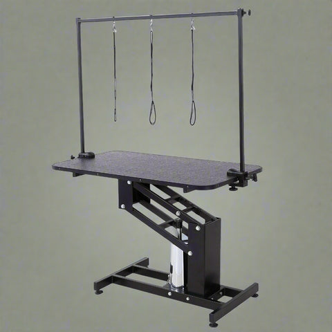 Electric Hydraulic Pet Grooming Table with Dog β Front View
Grooming Table with Adjustable Arm and Dog β Side View
Electric Lift Pet Grooming Table β Rear View
Heavy-Duty Grooming Station β Adjustable Height Display