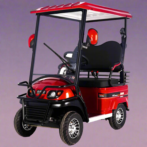 Side view of electric 4-wheel senior mobility scooter with red canopy
Front view of red electric personal golf cart
Rider sitting in senior mobility scooter outdoors
Back view of golf cart with 3-wheel configuration
Zoomed-in tire and motor components
Comfortable padded seat with backrest