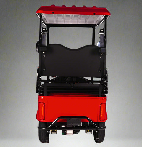 Side view of electric 4-wheel senior mobility scooter with red canopy
Front view of red electric personal golf cart
Rider sitting in senior mobility scooter outdoors
Back view of golf cart with 3-wheel configuration
Zoomed-in tire and motor components
Comfortable padded seat with backrest