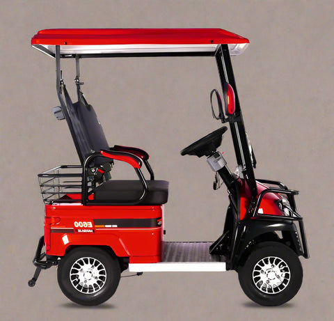 Side view of electric 4-wheel senior mobility scooter with red canopy
Front view of red electric personal golf cart
Rider sitting in senior mobility scooter outdoors
Back view of golf cart with 3-wheel configuration
Zoomed-in tire and motor components
Comfortable padded seat with backrest