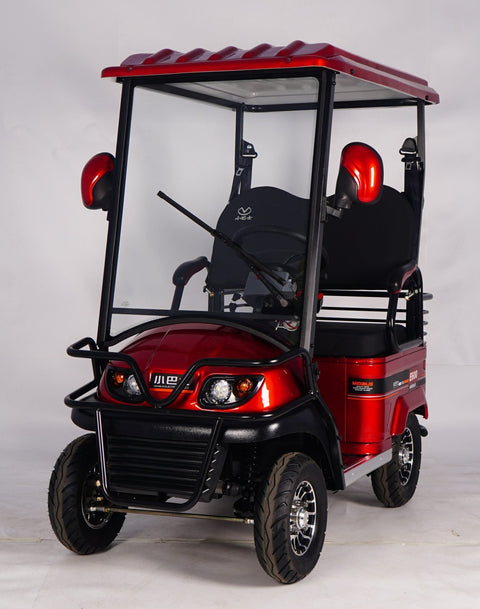 Side view of electric 4-wheel senior mobility scooter with red canopy
Front view of red electric personal golf cart
Rider sitting in senior mobility scooter outdoors
Back view of golf cart with 3-wheel configuration
Zoomed-in tire and motor components
Comfortable padded seat with backrest