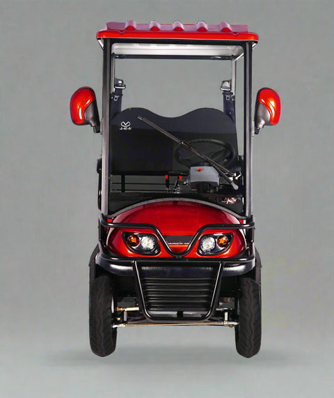 Side view of electric 4-wheel senior mobility scooter with red canopy
Front view of red electric personal golf cart
Rider sitting in senior mobility scooter outdoors
Back view of golf cart with 3-wheel configuration
Zoomed-in tire and motor components
Comfortable padded seat with backrest