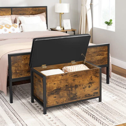 "Entryway storage bench ottoman with brown faux leather seat, metal frame, and hidden trunk storage"