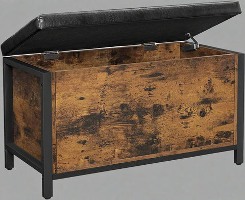 "Entryway storage bench ottoman with brown faux leather seat, metal frame, and hidden trunk storage"