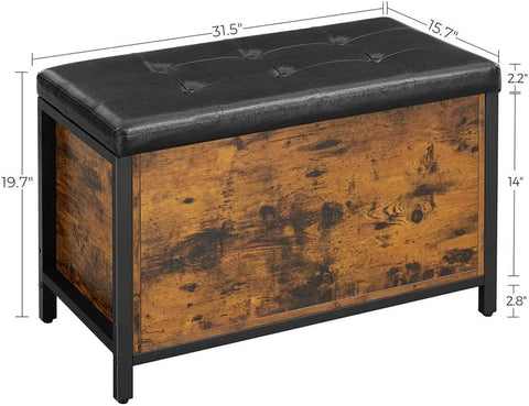 "Entryway storage bench ottoman with brown faux leather seat, metal frame, and hidden trunk storage"