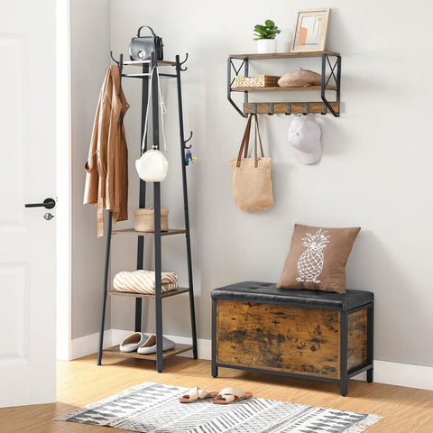 "Entryway storage bench ottoman with brown faux leather seat, metal frame, and hidden trunk storage"