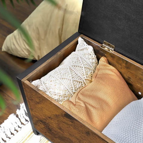 "Entryway storage bench ottoman with brown faux leather seat, metal frame, and hidden trunk storage"
