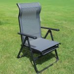 Outdoor ergonomic recliner chair – front angle view
Folding mesh camp chair in lounging position
Foldable chair with footrest deployed
Compact folded view of portable recliner
