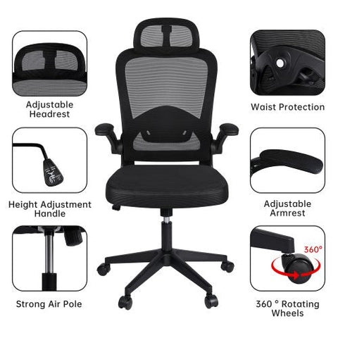 ergonomic office chair, mesh desk chair, adjustable office chair, lumbar support chair, black mesh chair, high-back office chair, computer chair, swivel mesh chair, breathable office chair