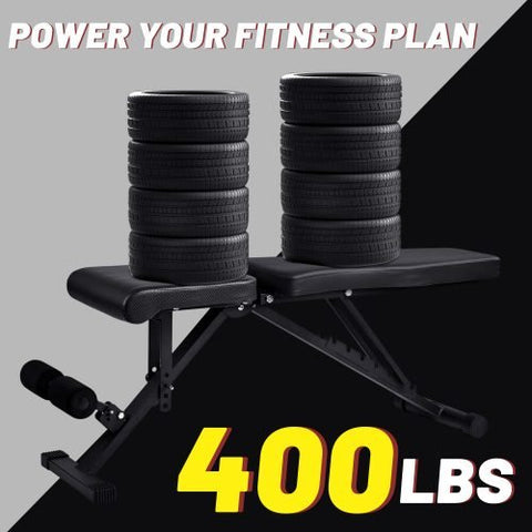 Adjustable weight bench with dumbbells – full side view
Foldable black workout bench shown folded for compact storage
7-position incline backrest setting demonstration
Bench in use for upper body exercises
Heavy-duty steel frame with 400 lb weight capacity